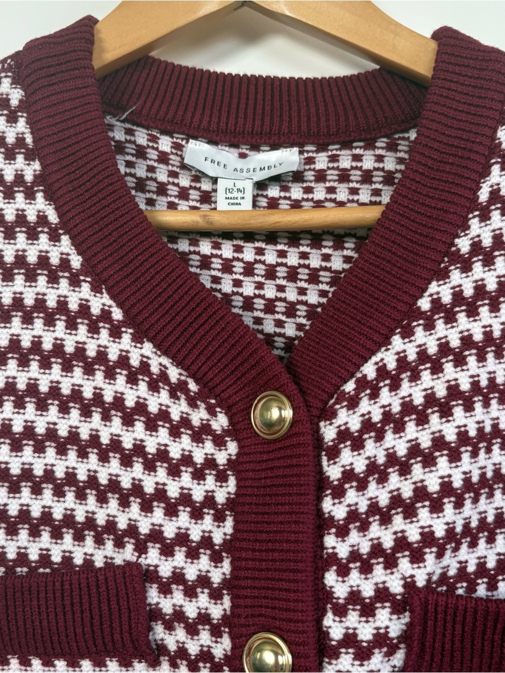 Free Assembly Woven Houndstooth Burgundy & White Cardigan Sweater S: Large - Picture 6 of 16